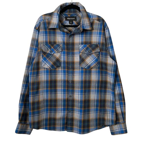 Marmot Shirt Mens Large Blue Doran Midweight Flannel Button Up Long Sleeve Retro - Picture 1 of 14